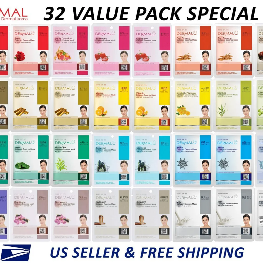 Dermal Korea Collagen Essence Full Face Facial Mask Sheet (32 Combo Pack) New